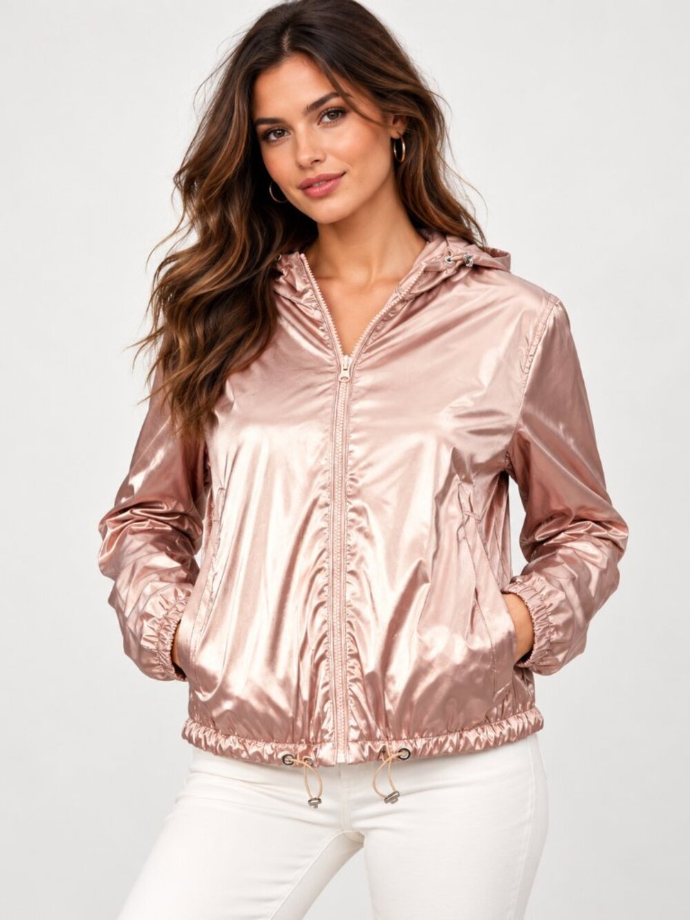 Pinko Metallic Copper Hooded Windbreaker Jacket Liquid Metal Silver S 6